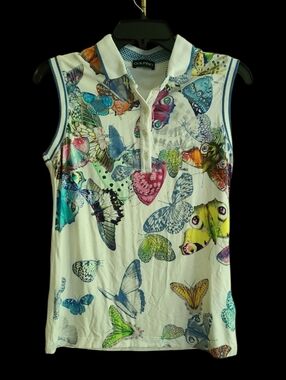 Golfino Butterfly Print Women's Sleeveless Golf Polo - White Multicolor